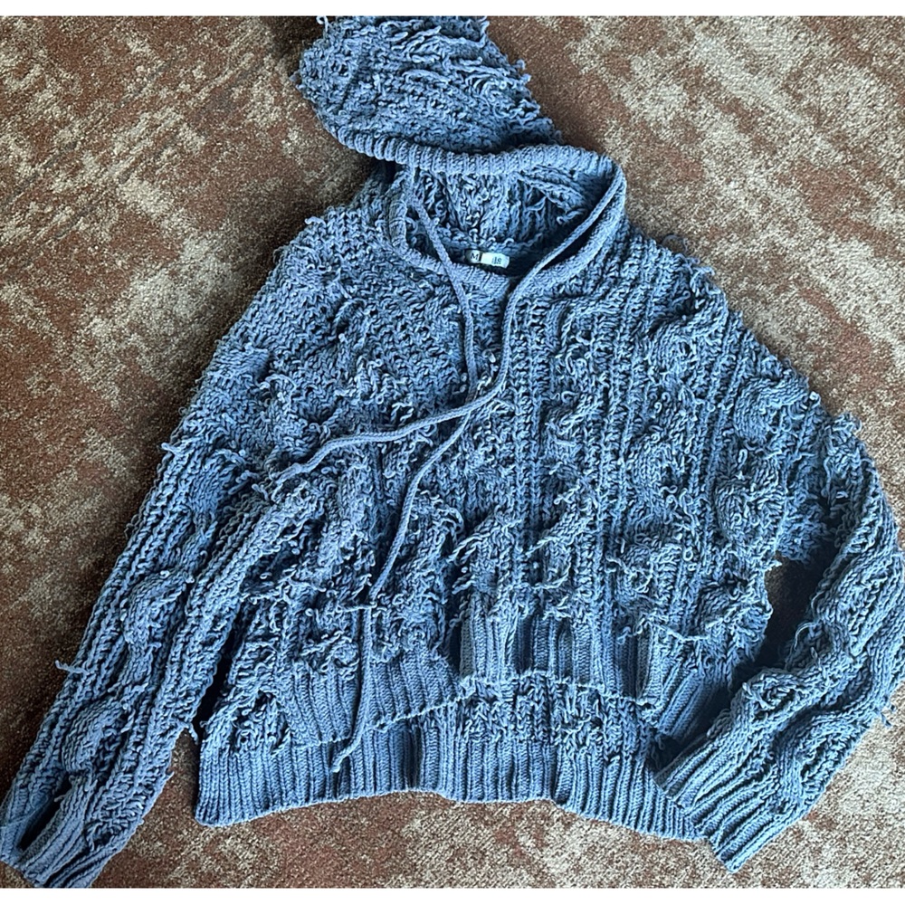 Blue Hoodie Sweater with Cozy Knit Design Distressed Look Super Soft